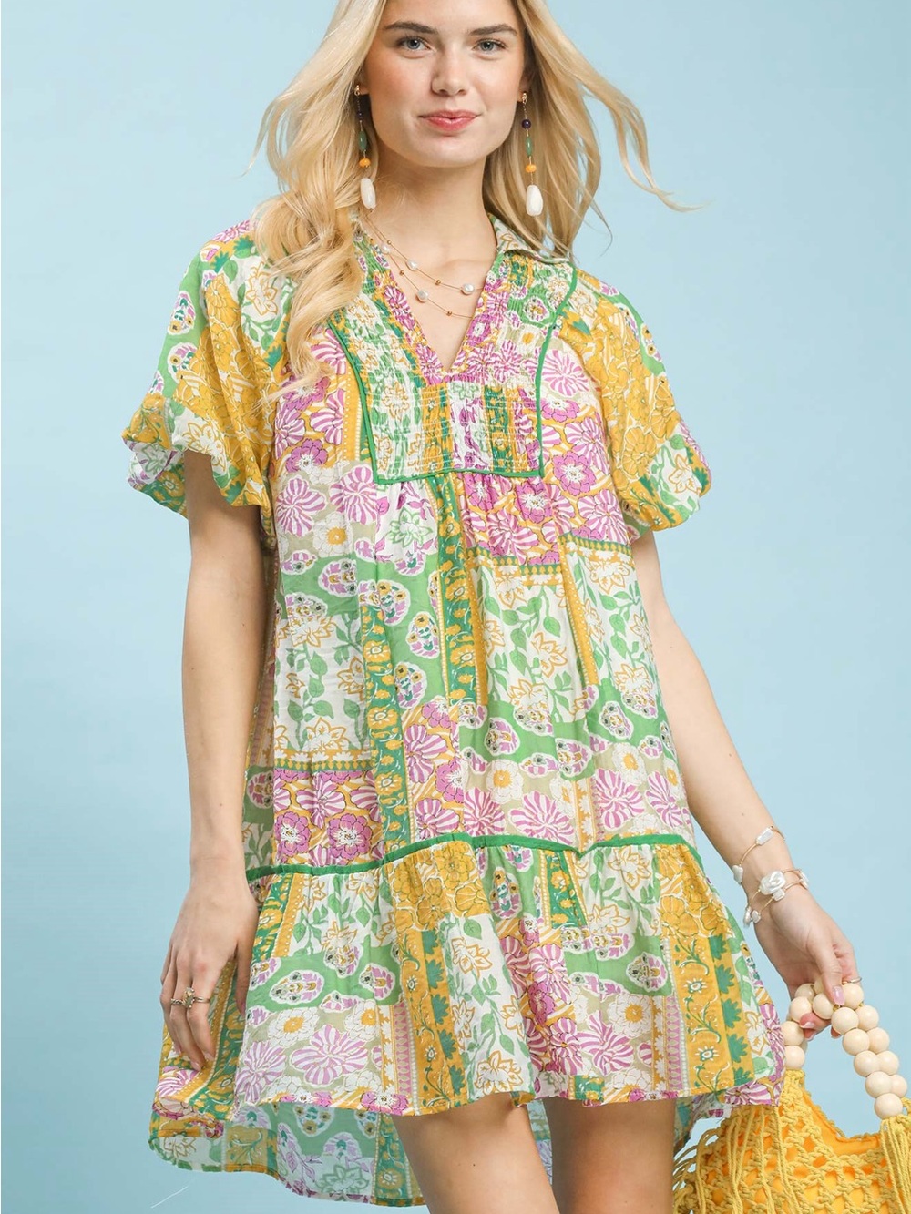 Umgee Floral Patchwork V-Neck Babydoll Dress - Green/Yellow/Pink